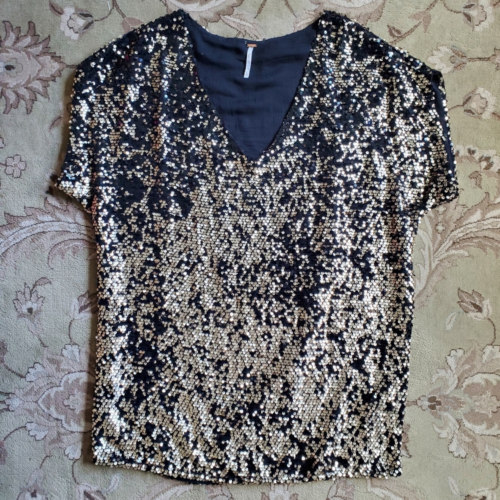 Free People Black and Gold Sequin Mini Dress